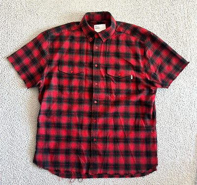 EPTM. Plaid Flannel Mens Button Down Large Red Green Raw Hem Undone