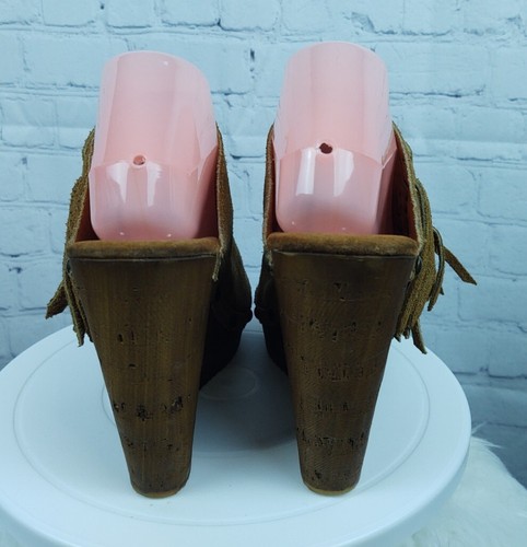 Sbicca Vintage Collection Tan Suede Fringe Wedge Peep Toe Sandals, Sz. 10 M - Picture 6 of 11