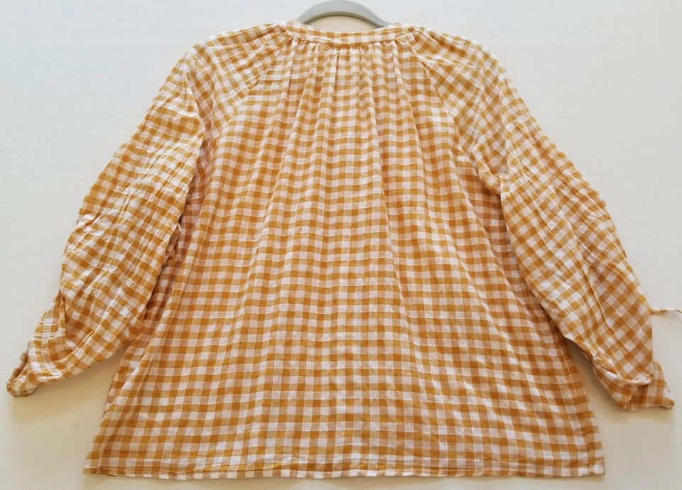 Camisa con botones Gap para mujer mediana naranja blanca cuadros guinga manga 3/4 acanalada top Foto 3 de 4