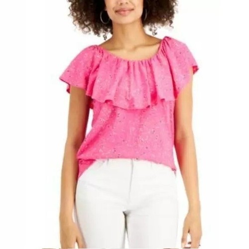 Style & Co Damen XL Fuchsia Party Rosa Rüschensaum Kurzarm Top Neu mit Etikett BW48