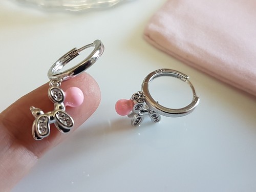 925 Silver Pink Enamel Baloon Dog Hoop Earrings with Sparkling CZ Zirconia •A282 - Picture 6 of 14