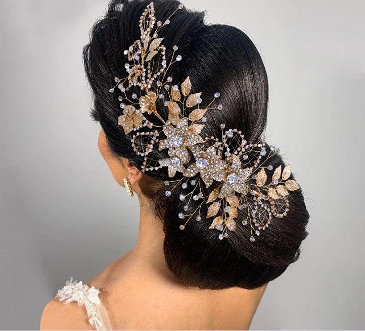 Bride Handmade Jewelry Flower & Leaf Rhinestone Headdress Wedding Side Headpiece