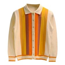 Men Autumn Slim Stripes Knit Sweater Jacket Lapel Cardigan Knitwears Office Wear