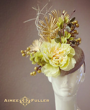 Kentucky Derby Hat Lt Yellow Green Gold Palm Royal Ascot Fascinator Silver Gray