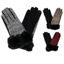 Women's Gloves Houndstooth Plaid Faux Fur Trim Smartphone Touchscreen Etip
