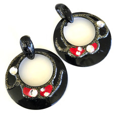 Vintage Black Red Enamel Clear RS Gold Tone Glitter Hoop Pierced Earrings 2-7/16