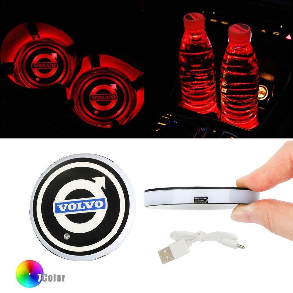 2-Pack Seven-Color LED Cup Holder Mat Coaster Pad For Volvo – Switchable, Acrylic, 6.8cm