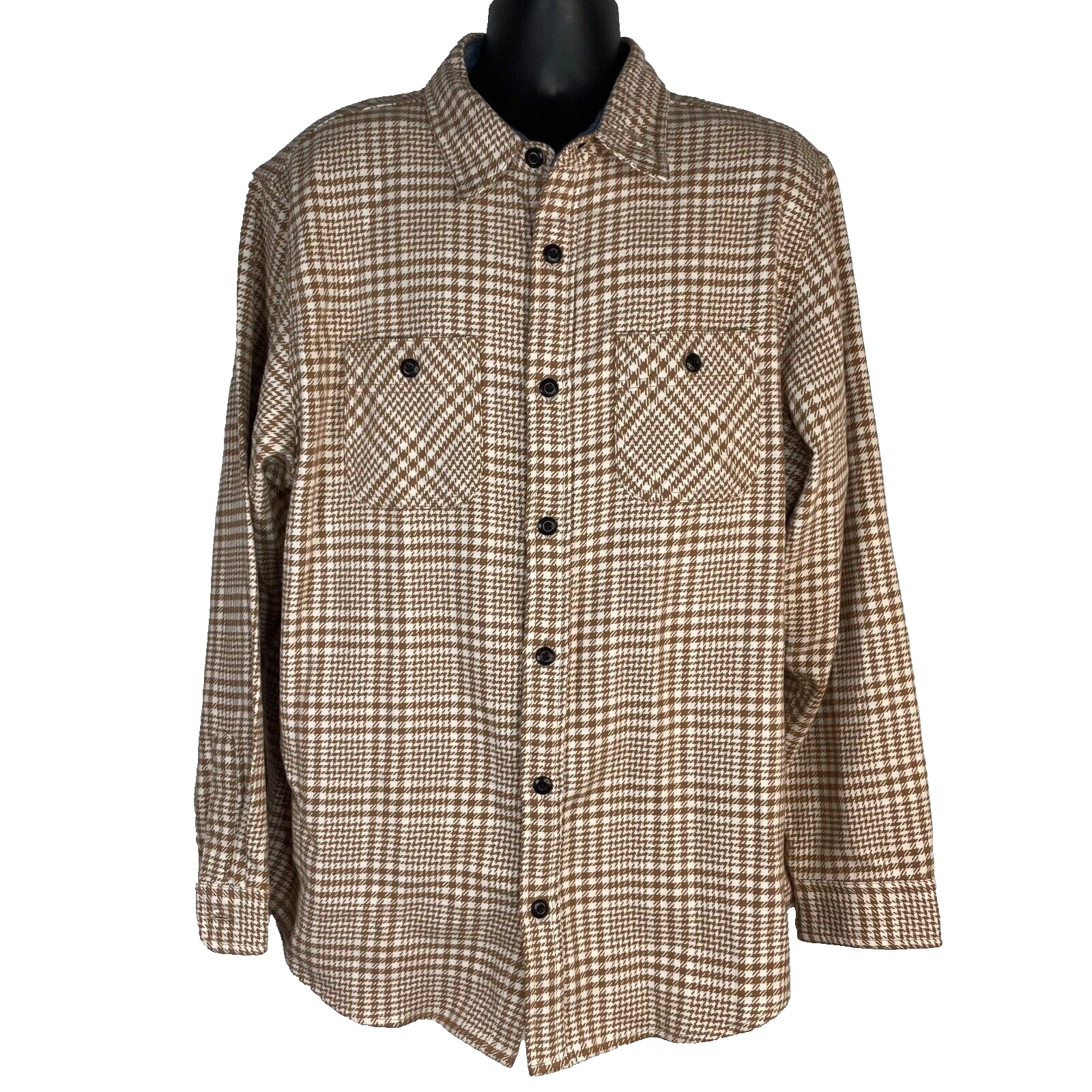 Lands End Shirt Men's XL Brown Ivory Plaid Flannel Oeko-Tex Button Up Shacket