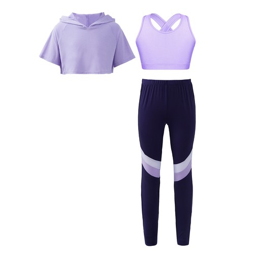 Kids Girls Hooded Crop Top Colorblock Vest 3 Pieces Pants Workout Sportswear - Picture 23 of 45