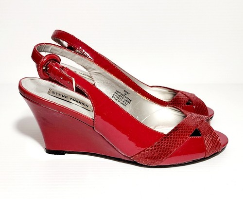 Steve Madden Mona Vintage Women Wedges Shoes Sz 39 Red Open Toe Slingback Strap - Picture 3 of 7