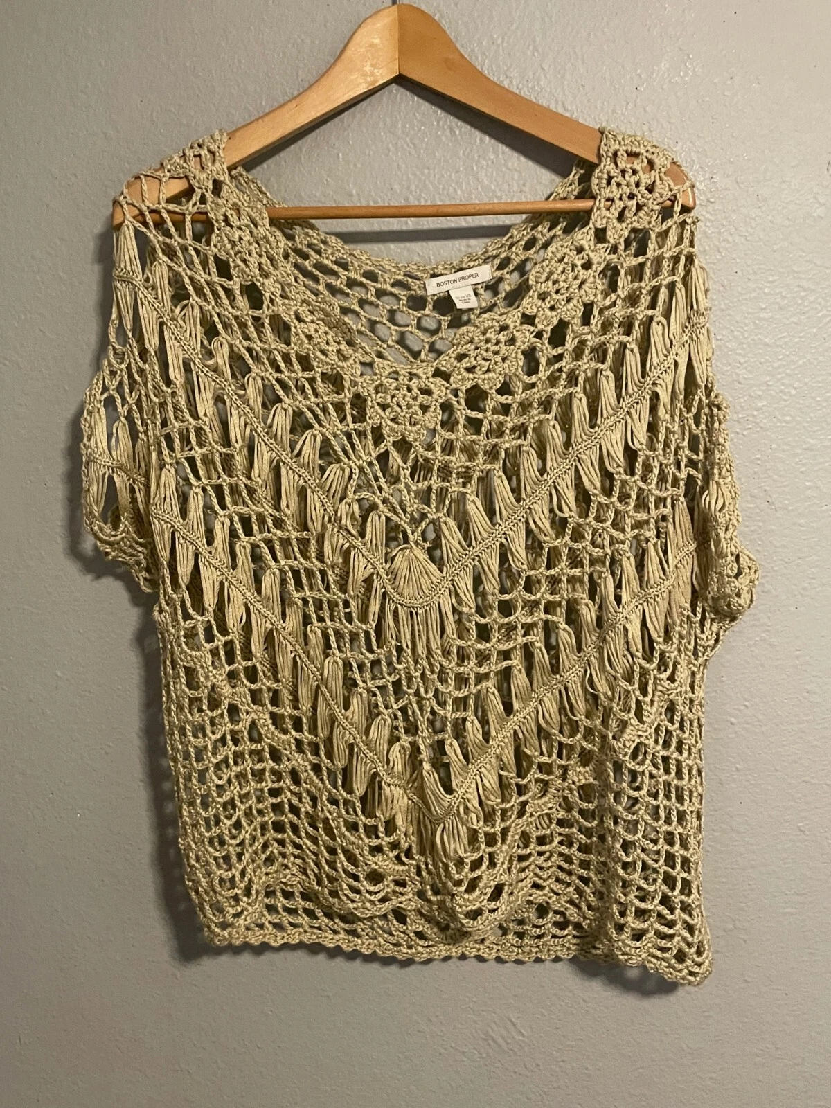 Boston Proper Womens Poncho Top XS Beige Crochet Relaxed Festival Hippie Boho