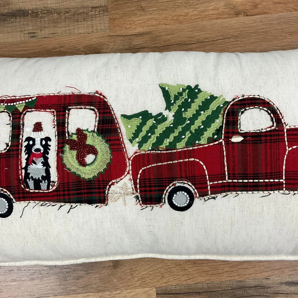Truck Camper Trailer RV Dog Holiday Christmas Throw Pillow 23”x12”x5.5” w/Beads - Изображение 3 из 4