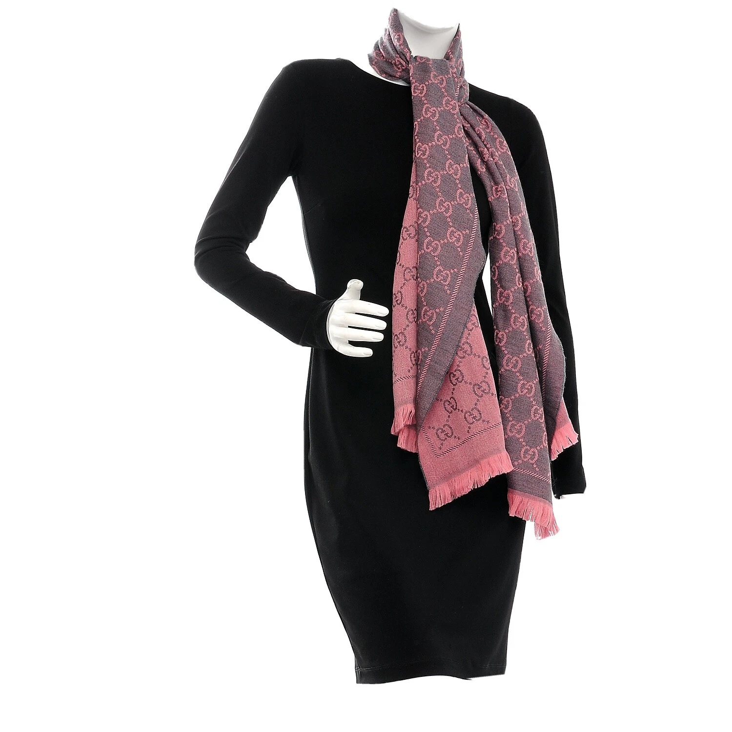 Écharpe frange frange GUCCI laine jacquard monogramme rose graphite