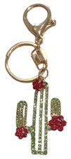 Green Cactus with Red Blooms Rhinestone Bling Key Chain Fob Purse Charm New
