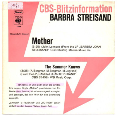 Barbra Streisand - Mother (John Lennon) / The Summer Knows / Single von 1971