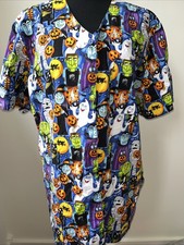 Peaches Uniform Halloween Themed Colorful Print Scrub Top With Three Pockets XL
