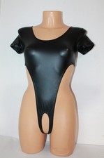 Women Thong Leotard 105-50 Open Thig Hole Crotch Black Leather Spandex Size S