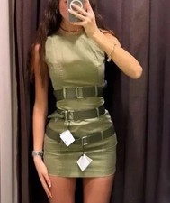 ZARA NEW WOMAN SHORT WAXED DRESS WITH BELTS GREEN Size S (Bloggers Favourite)