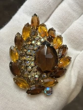 Amber Marquise & Aurora Golden Floral Burst Brooch Pin Mid-Century Sparkle