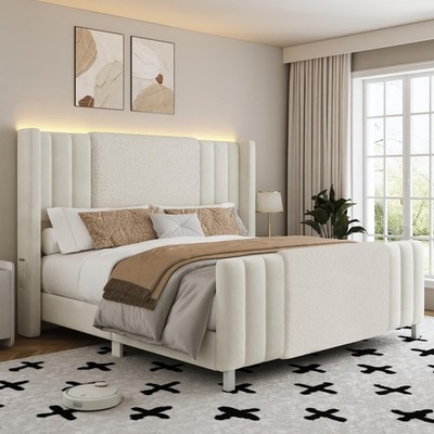 Queen Size Bed Frame with Tall Headboard and Footboard, Modern Bed Frames, White