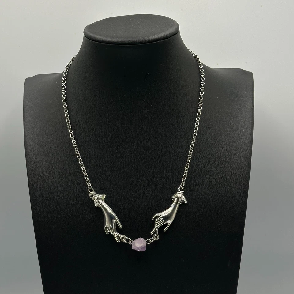 Collar de Mano Tono Plata Piedra Amatista Conexión Piedras Preciosas Crudas Boho 16.5" Foto 3 de 4