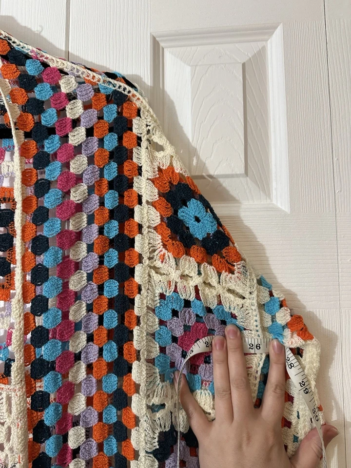 POL Crochet Knit Cardigan Long w/Fringe Boho Square Open Duster Granny core NWOT - Image 2 of 4
