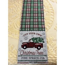 Christmas Truck Table Runner Plaid Holiday Farmhouse Decor Red Green Truck 74x13