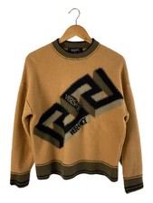 VERSACE La Greca Intarsia Knit Sweater, Size 48, Wool, Beige, 1002036