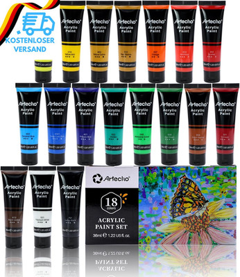 Artecho Acrylfarben Set 18 X 36 Ml, Acrylic Paint Set, Wasserfest Und Lichtecht,