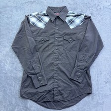 Vtg Plains Western Wear Mens Gray Plaid Yoke Pearl Snap Long Sleeve Shirt Medium