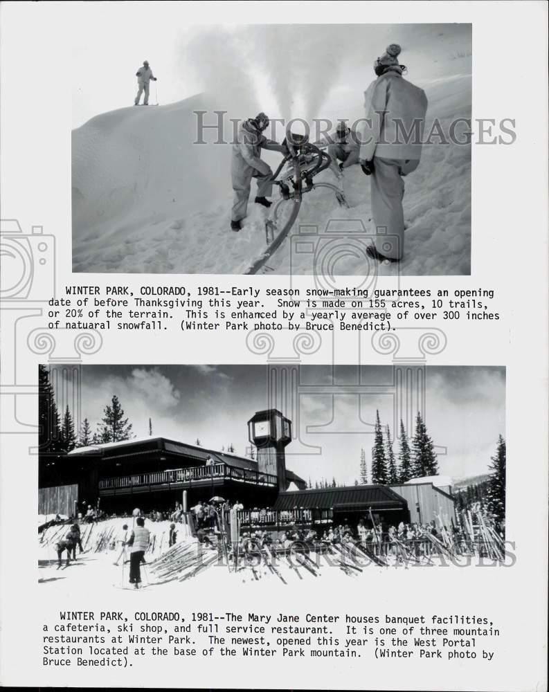 1981 Press Photo Snowmaking, Mary Jane Center Facility at Winter Park, Colorado