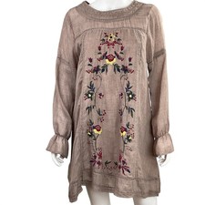 Umgee USA Embroidered Floral Long Sleeve Tunic Dress Tan Size M