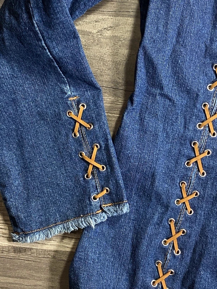 Chaqueta Denim Plumero Estilo Occidental Cuero Cordones Festival Boho Azul Talla M Para Mujer Foto 2 de 4