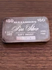 ALEXANDER'S $50 Gift Ingot 2 OZ .999 Silver Bullion Bar Johnson Matthey