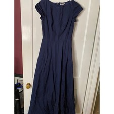 eShakti Navy Blue Fit and Flare Midi Dress Cap Sleeve Elegant Minimalist Sz 4