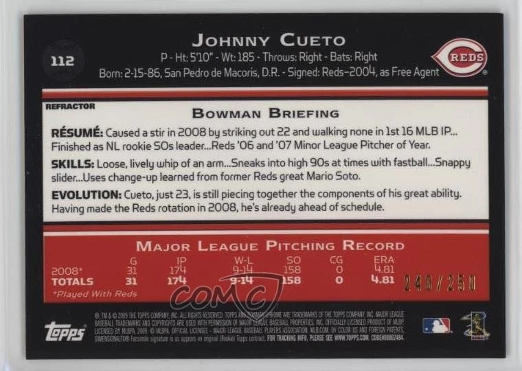2009 Bowman Chrome X-Fractor /250 Johnny Cueto #112 - Image 2 of 2