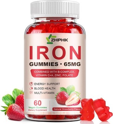 ZHPHK Iron Supplement Gummies, 65mg Iron for Women Men Kids, Natural Vegan Iron