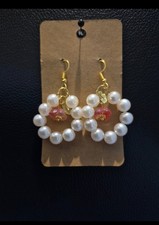 Pearl Beaded Earrings with A Flower In Centre Handmade Gold Plated Hooks