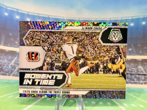2025 Panini Mosaic No Huddle #8 Ja'Marr Chase Moments in Time Silver Disco Prizm