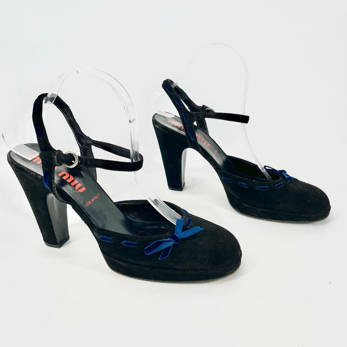 Vintage Miu Miu Black Suede Blue Velvet Bow Ankle Strap Vintage Miu Miu Black Suede Blue Velvet Bow Ankle Strap