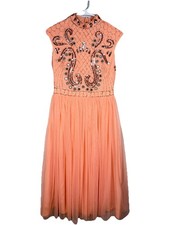 ASOS Embellished Midi Dress US 6 Peach Beaded Sequin Formal Art Deco Tulle