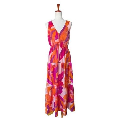 Taylor Women Tropical Floral Print Smocked Tiered Maxi Dress Size 10