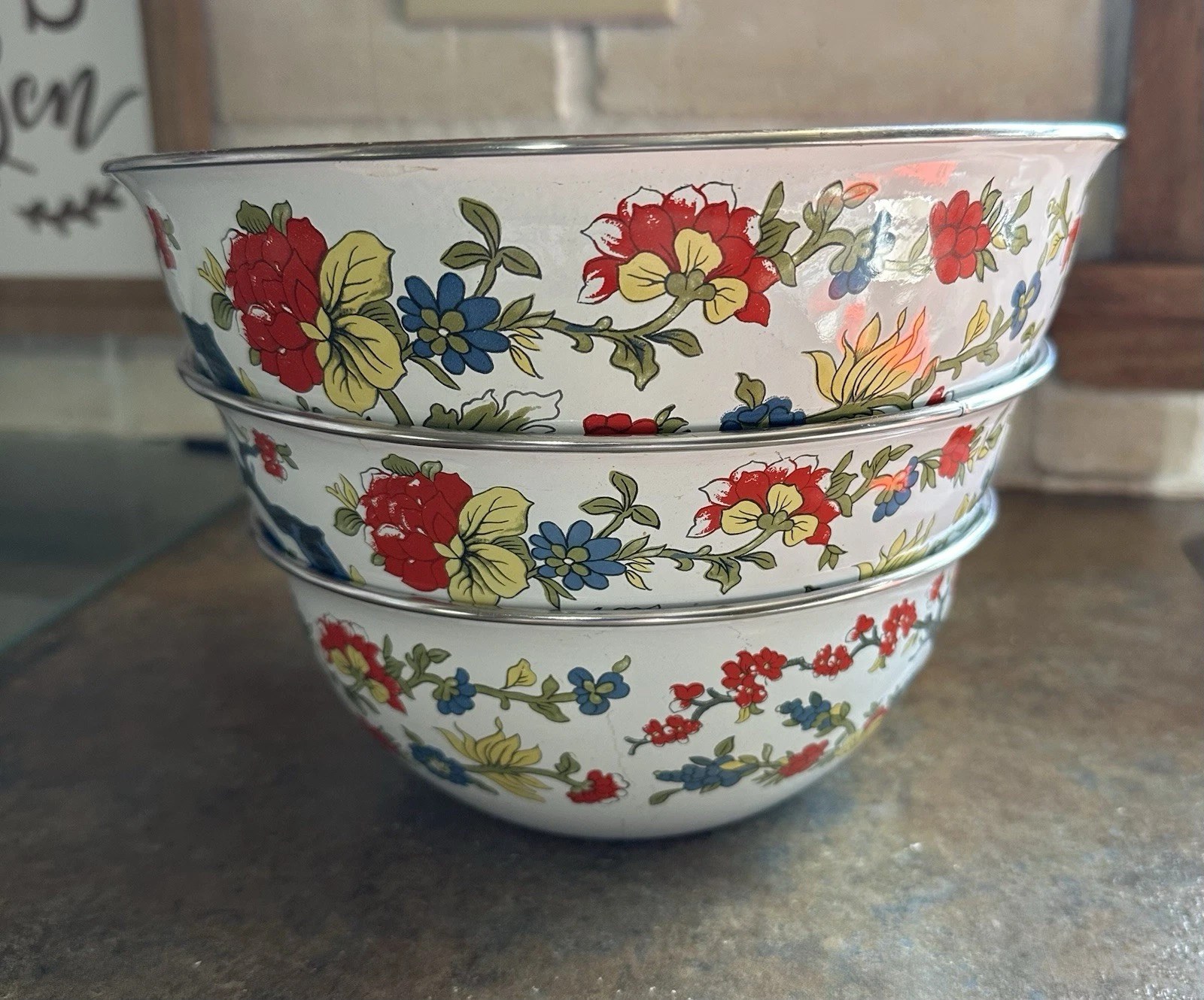 Set of 3 Vintage Enamelware Nesting Mixing Bowls Floral Tree Pattern Chinoiserie