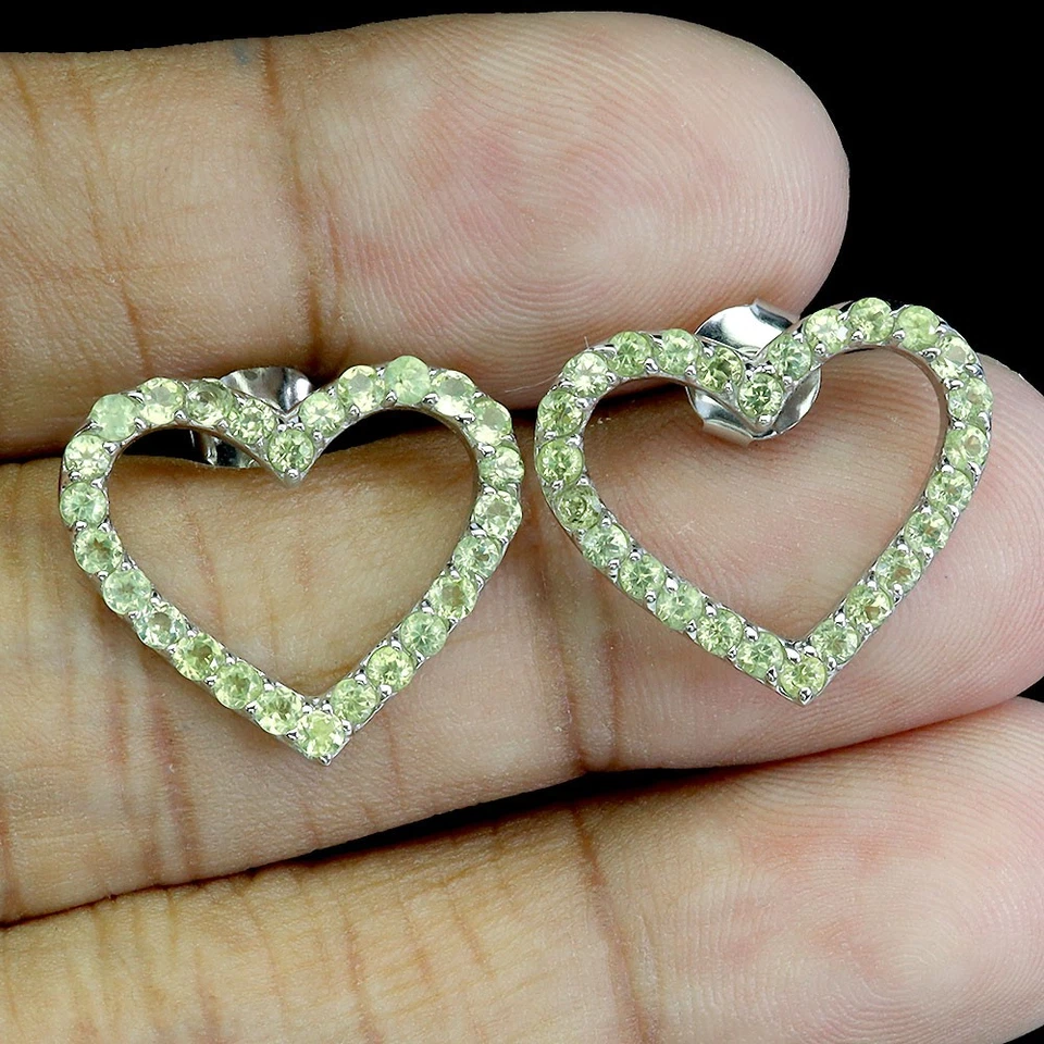 925 Sterling Silver Earrings Round Peridot Heart Natural Gemstone Jewelry - Image 2 of 4