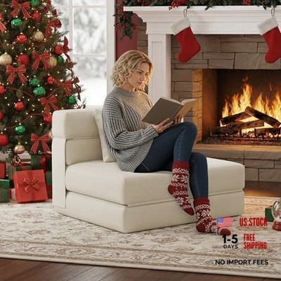  3-in-1 Foldable Chair Bed, Folding Sleeper Chair with Back Modern Beige