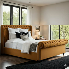 Chesterfield Royal Sleigh Bed Frame, Plush Velvet Upholstery Gaslift / Mattress