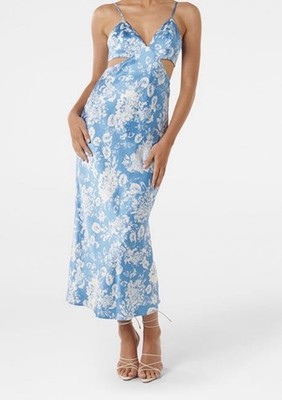 Forever New Damen Slipkleid Midi Blau/Weiß Blumen Satin Viskose Cut-Out Gr. 42
