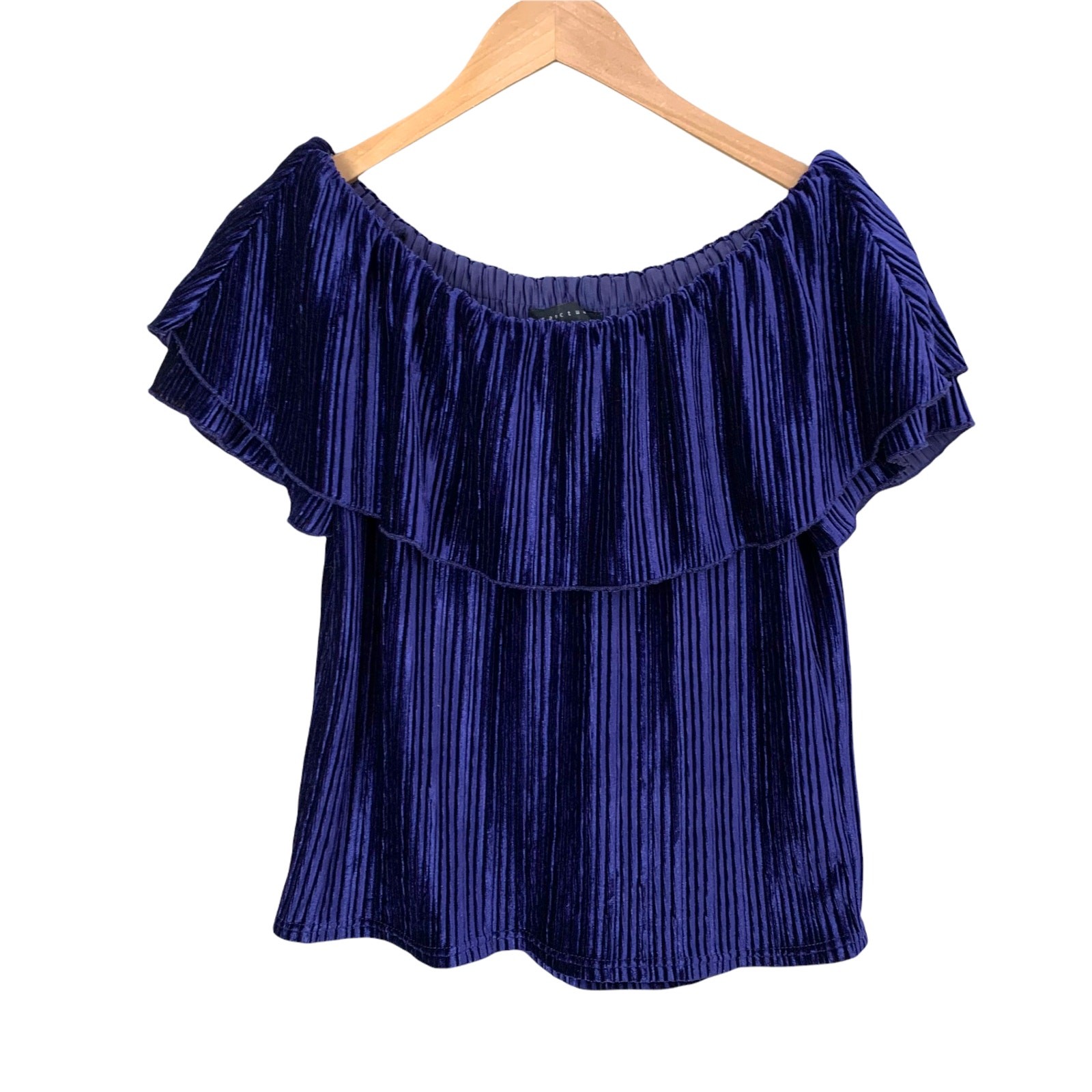Sanctuary Celeste Blue Velvet Off Shoulder Flounce Top Blouse XS Extra Small