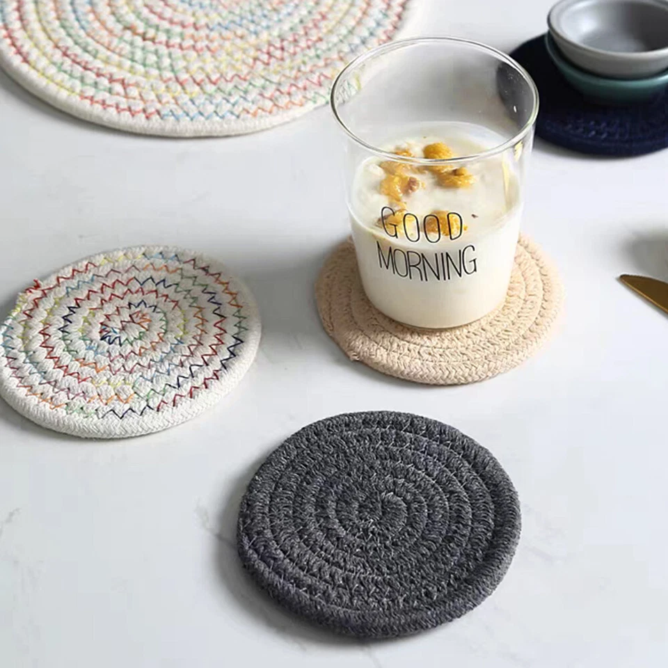Drink Coasters Set Of 6 Cotton Thread Braided Round Coaster Tea Coffee Cup Mat⇓ - Image 3 of 4