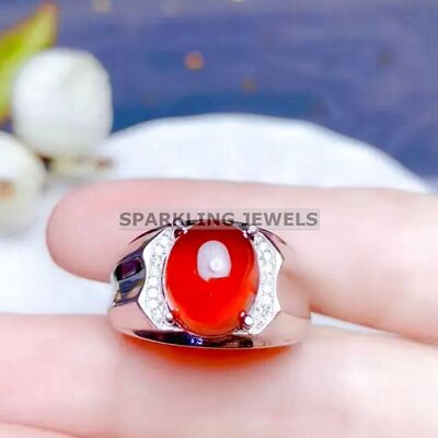 Vivid Garnet Oval Cut With 925 Sterling Silver Ring For Men #C230